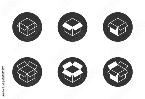 Empty open shipping box or unboxing icon set. Package symbol. Flat vector illustration.