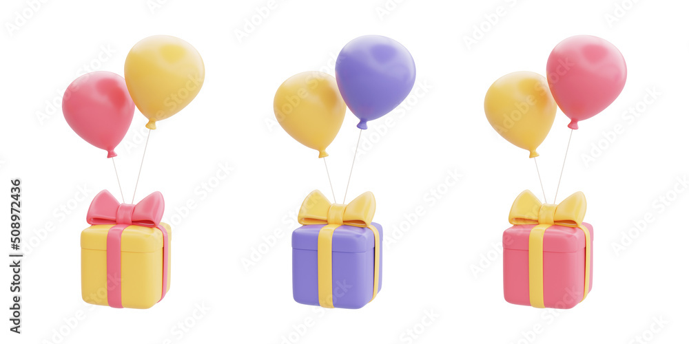 Set of 3d gift boxes with balloon floating isolated on white background ...