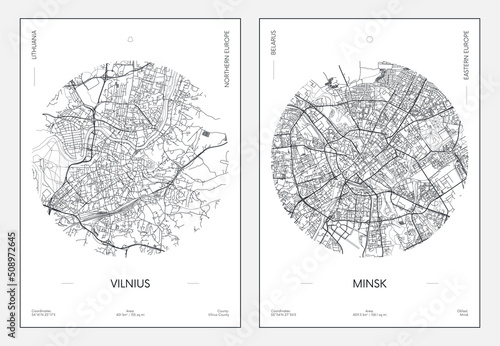 Travel poster, urban street plan city map Vilnius and Minsk, vector illustration