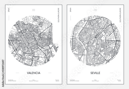 Travel poster, urban street plan city map Valencia and Seville, vector illustration