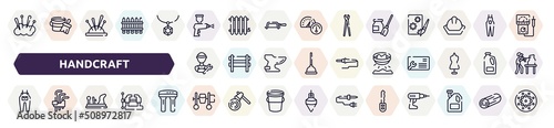 handcraft outline icons set. thin line icons such as cushion, spray paint gun, turquoise, plumber, panning, jumpsuit, wood plane, cement mixer, car key icon.