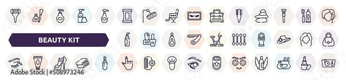 beauty kit outline icons set. thin line icons such as women razor, makeup remover wipes, two side comb, liquid makeup, cotton swabs, eye shadow makeup, high heel, finger with nail, cucumber slices