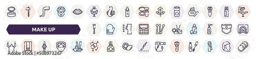 make up outline icons set. thin line icons such as powder, hairdresser chair, epilator, nail brush, aroma, breast reduction, wrist watch, sex reas, shaver icon.