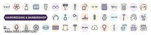 hairdressing & barbershop outline icons set. thin line icons such as facial hair, sun glasses, shadow, hair tie, doser, brushing, makeup remover, paints, femenine icon.