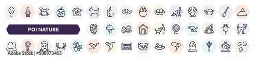 poi nature outline icons set. thin line icons such as plain tree, plain dog, dog and a man, mummy, horse races badge, egg, frankenstein, bird eating seeds, cloud and lightnings icon.