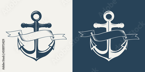 Vector Hand drawn Anchors with Ribbons Set Isolated. Design Template for Tattoos, Tshirt, Logo, Labels. Anchor with Ribbon. Antique Vintage Marine Anchors