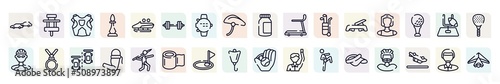 extreme sports outline icons set. thin line icons such as chase, protector, barbell, cardio, kickboxer, nobel prize, armband, birdie, visor icon.