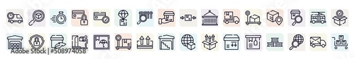 lineal logistic outline icons set. thin line icons such as delivery delay, delivery timer, parachute box, lift package, track package, security, on door delivery, keep up, tagged package