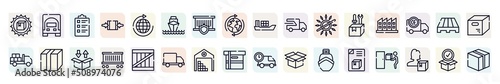 boxes outline icons set. thin line icons such as certified packaging, packing list, ocean transportation, fast transport, manufacturing plant, closed cardboard box with packing tape, cargo train,