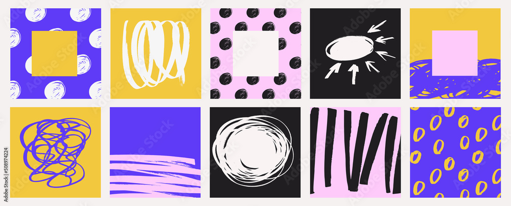 Fototapeta premium Creative banners, covers, quotes or posters set in modern art style for corporate identity, branding, social media advertising, promo. Modern layout design template with abstract hand drawn doodles