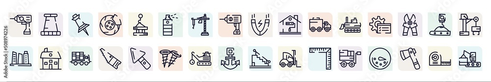 constructicons outline icons set. thin line icons such as null, pin tool, paint spray can, painting home, tools window, house hand drawn building, band saw, derrick with ball, trolley with cargo,