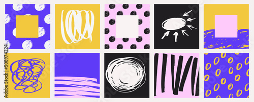 Creative banners, covers, quotes or posters set in modern art style for corporate identity, branding, social media advertising, promo. Modern layout design template with abstract hand drawn doodles