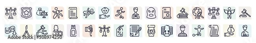 law and justice outline icons set. thin line icons such as adminstrative law, inheritance law, crime scene, balaclava, diploy, butterfly knife, custody, justice scale, prisioner icon.