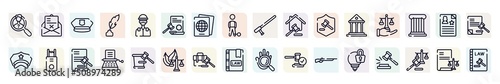 law and justice outline icons set. thin line icons such as investigation, police cap, law paper, property and finance, justice scales in hand, electroshock weapon, stenographer, employment,