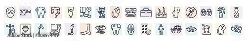 opthalmology outline icons set. thin line icons such as forehead, orthodontic, tonometer, organ container, deaf, x rays, ultrasonography, contact lens, optometrist icon.