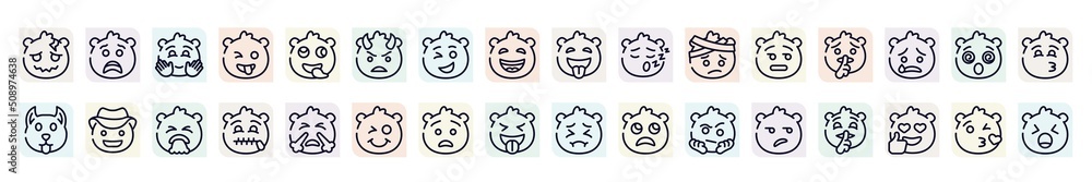 emoji outline icons set. thin line icons such as headache emoji, happy emoji, angry with horns sleep shushing cowboy hat secret anguished disappointed icon. emoji outline icons set. thin line icons such as headache emoji, happy emoji, angry with horns sleep shushing cowboy hat secret anguished disappointed icon.