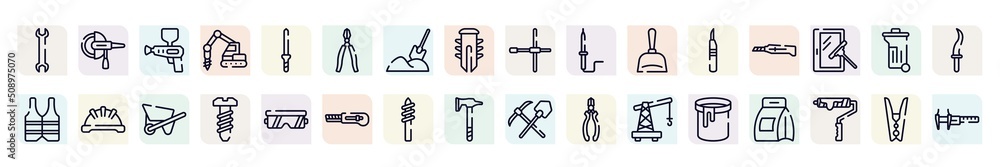 carpentry diy tools outline icons set. thin line icons such as big double wrench, spray gun, big pliers, solder, stationery knife, iron helmet, bolts, drill tip, paint can open icon. carpentry diy tools outline icons set. thin line icons such as big double wrench, spray gun, big pliers, solder, stationery knife, iron helmet, bolts, drill tip, paint can open icon.