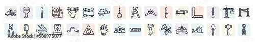 carpentry diy tools outline icons set. thin line icons such as tipper truck, bread knife, air compressor, broken cable, corner ruler, cleaver, wet floor, left glove, torch helmet icon.