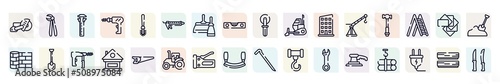 cutting tool outline icons set. thin line icons such as big saw, sliding scale, sealant, bulldozing, hammer facinf left, long shovel, lodge, big stapler, sanding hine icon.
