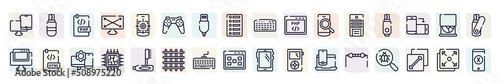 devices outline icons set. thin line icons such as monitor and tablet, php document, wireles gamepad, php code, usb flash, html document, cpu processor, intosh keyboard, resistance icon.