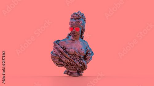 3d render sculpture of a woman blue-pink proudly looks from top to bottom shiny art background photo