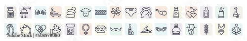 spa elements outline icons set. thin line icons such as proteins, elegante, asian, head towel, romantic, hair tie, hygienic, razorblade, fragance icon.