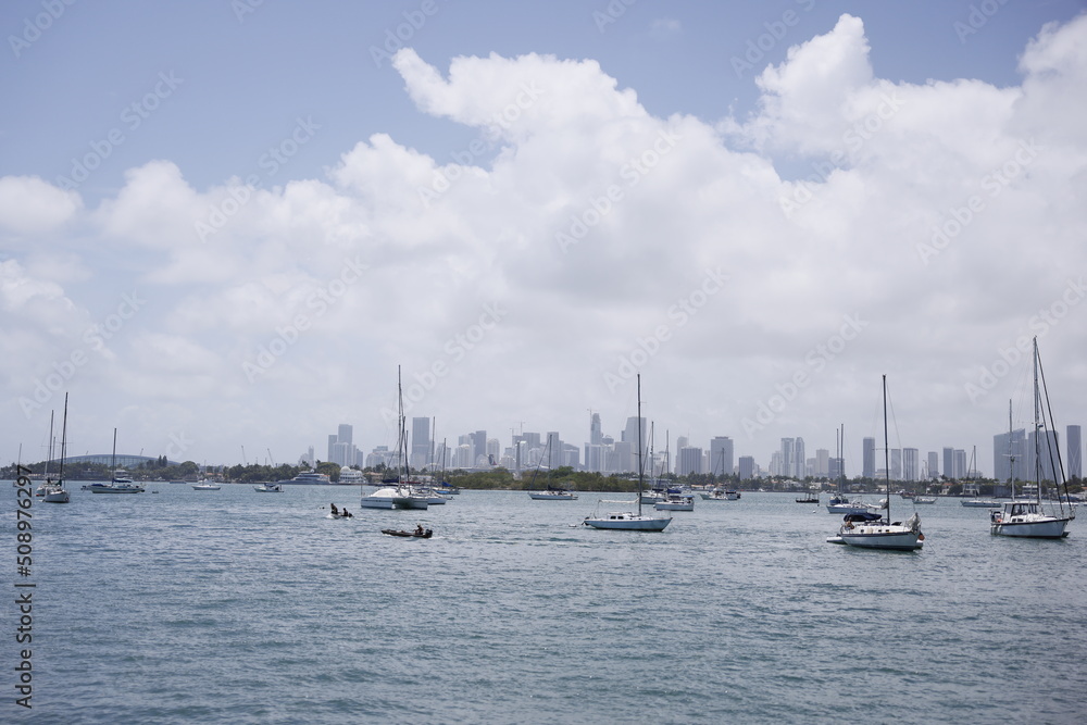 City of Miami view from across Biscayne Bay lagoon water from Miami Beach side Florida USA