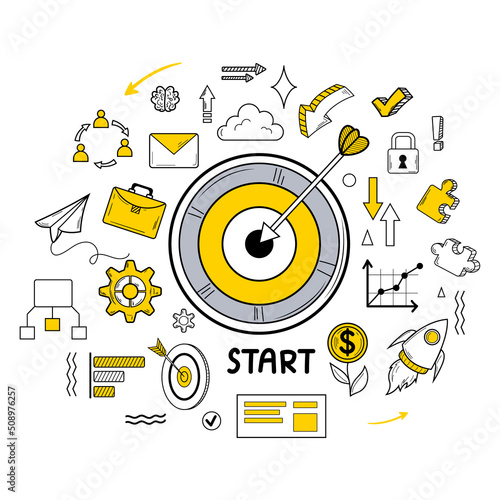 New idea, success business, startup concept. Business target with line icons of diagram, chart, marketing infographic, strategy plan. Start up technology concept. Vector illustration, line art, sketch