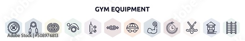 gym equipment outline icons set. thin line icons such as weight plates, handgrip, hockey arena, pilates, doping, swiss bar, swimming hat, biceps curl, field hockey icon. photo