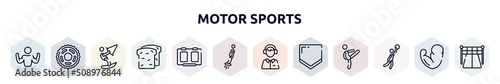motor sports outline icons set. thin line icons such as bodybuilder, sprocket, kitesurf, whole wheat bread, score board, flyboard, sport commentor, home plate, team player icon.