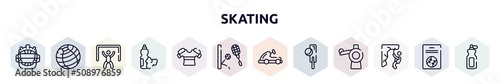 skating outline icons set. thin line icons such as catcher mask, fitness ball, goalie, food and drink, armour, squash, go kart, crocket, abseiling icon.