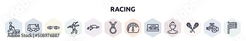 racing outline icons set. thin line icons such as farming and gardening, ice resurfacer, diving belt, javelin, autocross, nobel prize, mph, backup car, lacrosse icon.