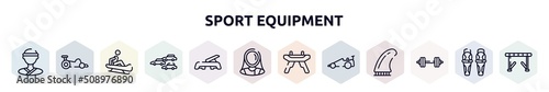 sport equipment outline icons set. thin line icons such as judoka, kart racing, sledding, apex, fitness step, fencer, pommel horse, drag racing, barbell icon.