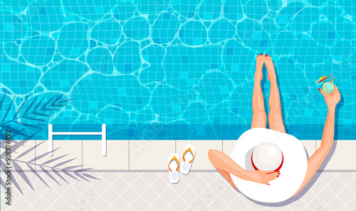 Woman in white hat relax in pool. Lady in bikini rest with cocktail. Beautiful girl enjoy on luxury spa vacation. Summer holiday swimming pool party. Top view flat design poster. Vector illustration
