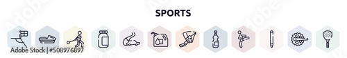 sports outline icons set. thin line icons such as football flag, speedboat, hammer throwing, energy bar, drifting, oil down, hang glider, isotonic, glowstick icon.