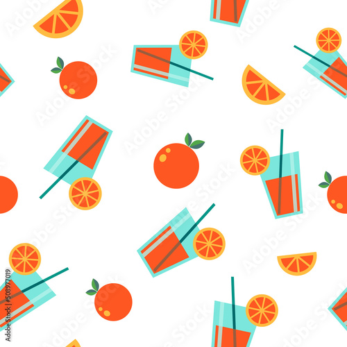 Orange juice glasses, orange fruits and orange slices vector seamless repeating pattern abstract background teaxure tile in flat style. Gift wrapping paper print. Backdrop. Repeating design template.