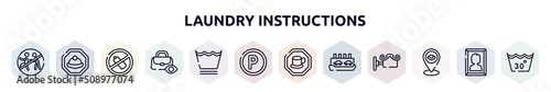 laundry instructions outline icons set. thin line icons such as chasing prohibited, mine site, no littering, null, delicate washcycle, p inside a circle, cafe bar, ferry carrying cars, tracking,
