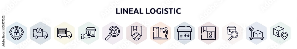 lineal logistic outline icons set. thin line icons such as security, delivery check, delivery date, delivering, delivery search, prohibited, on door side down, checking icon. lineal logistic outline icons set. thin line icons such as security, delivery check, delivery date, delivering, delivery search, prohibited, on door side down, checking icon.