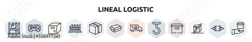 lineal logistic outline icons set. thin line icons such as asrs, buses, opened packaged, manufacturing plant, closed cardboard box, cardboard box without a lid, charter, use hooks, do not tilt,