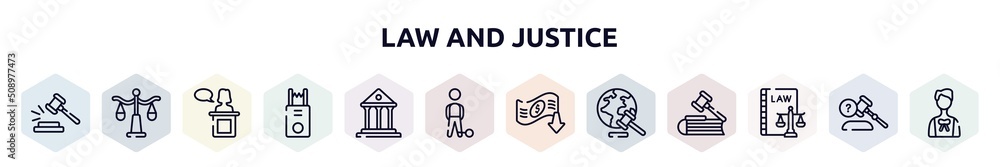 law and justice outline icons set. thin line icons such as case closed, justice scale, witness, electroshock weapon, court, convict, bankruptcy, diploy, labour and social law icon. law and justice outline icons set. thin line icons such as case closed, justice scale, witness, electroshock weapon, court, convict, bankruptcy, diploy, labour and social law icon.