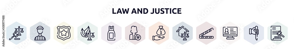 law and justice outline icons set. thin line icons such as law and justice, prisioner, police badge, environmental law, pepper spray, attorney, bribery, real estate criminal database icon. law and justice outline icons set. thin line icons such as law and justice, prisioner, police badge, environmental law, pepper spray, attorney, bribery, real estate criminal database icon.