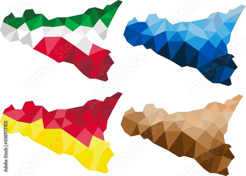 Sicily italian island low poly polygon map design. 3d map in italian flag and sicilian flag pattern photo