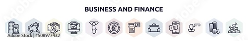 business and finance outline icons set. thin line icons such as federal bank, gear with magnifying glass, dollar exchange, web shop, big tie, round pound button, account balance, women puser, user