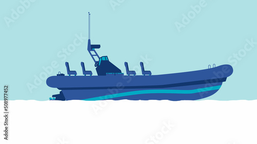 flat cartoon side view of Rigid inflatable boat ship