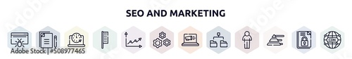 seo and marketing outline icons set. thin line icons such as web crawler, copywriting, circular clock, bow flags, line graph, wheel with cogs, laptop computer, diagram folder, pyramid stats