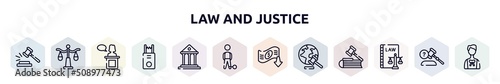 law and justice outline icons set. thin line icons such as case closed, justice scale, witness, electroshock weapon, court, convict, bankruptcy, diploy, labour and social law icon.
