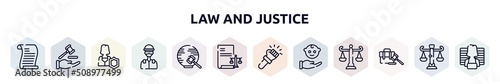 law and justice outline icons set. thin line icons such as scroll with law, qualified protection, custody, , international law, corporative violence, child custody, employment icon.