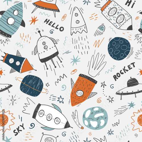 Seamless childish cosmic pattern with cute rockets, lettering and stars in space. Repeating texture doodle style universe. Colored flat vector illustration of cosmos background.