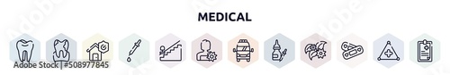medical outline icons set. thin line icons such as molar, plaque, disaster, medicine dropper, null, woman with flower, frontal ambulance, drops of medicine, lovely aid band icon.