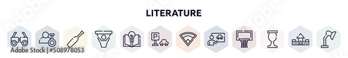 literature outline icons set. thin line icons such as testing glasses, biochemist, baseball bat, fans, theory, car park, baseball field, driving lessons, sports and competition icon.